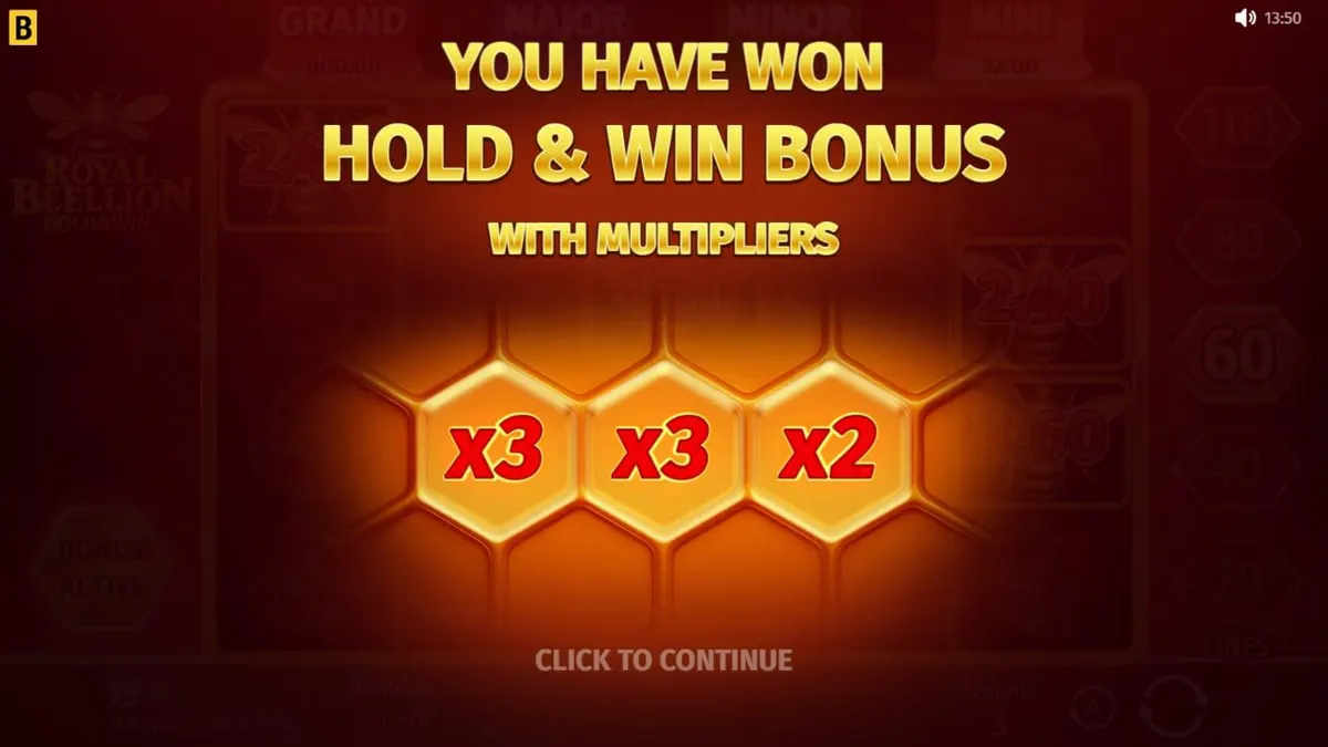 Visual do jogo Royal Beellion Hold & Win com tema de abelhas e colmeia dourada
