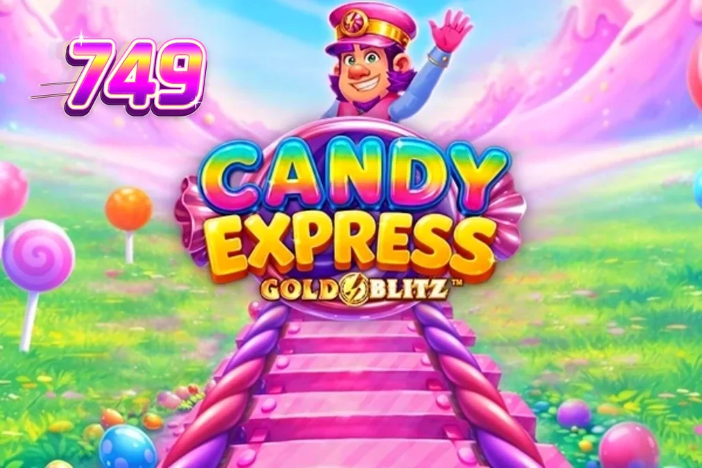 Interface vibrante e colorida do slot Candy Express Gold Blitz com elementos de doces e trem